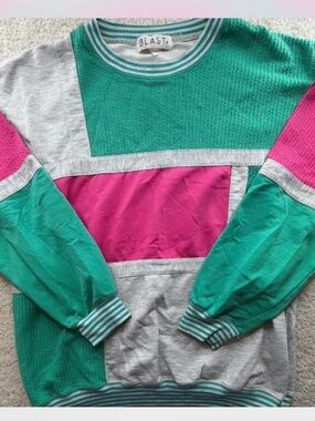 Women's Vintage Green, Pink and White Colorblock Blast Sweater Size Small
